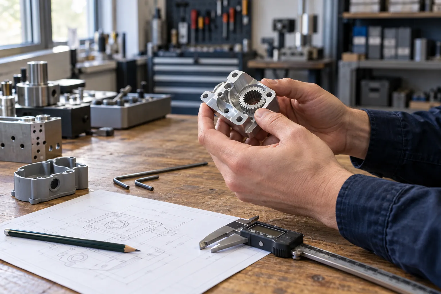 Mains d’un concepteur examinant une pièce mécanique usinée, sur un établi d’atelier avec plan et pied à coulisse