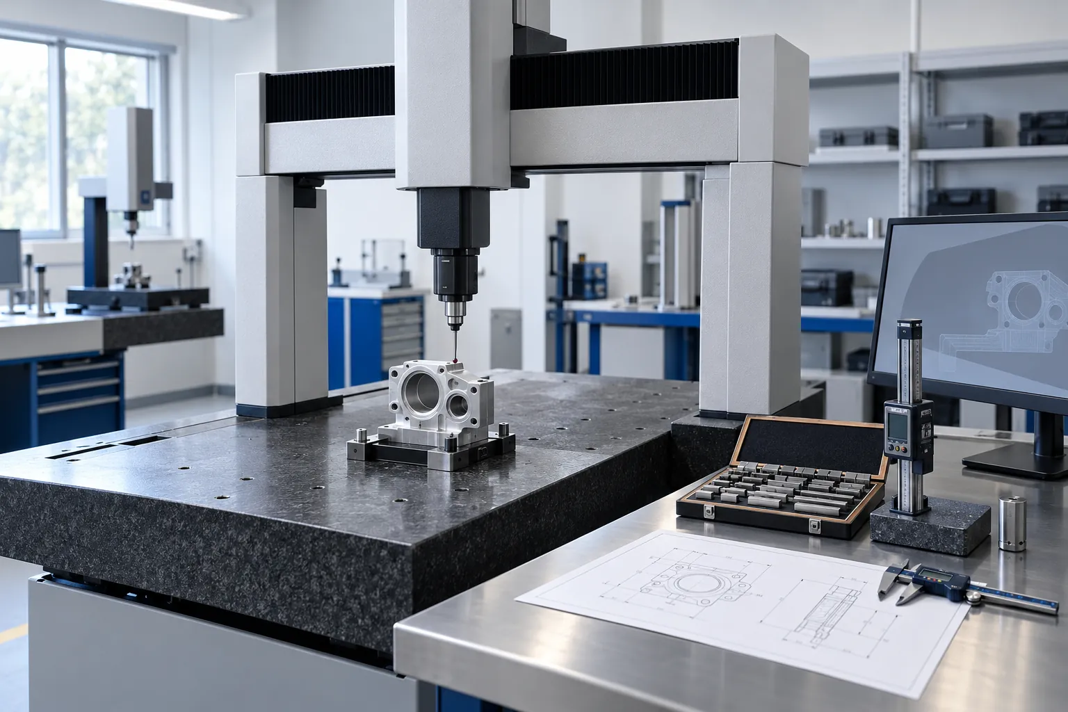 Machine à mesurer tridimensionnelle contrôlant une petite pièce usinée dans un laboratoire d’essais